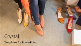 Presentation with fashion shoes - PPT theme enhanced with high heeled shoes at store background and a coral colored foreground