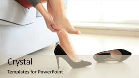  Presentation with uncomfortable - Cool new theme with high heels - young woman suffering from leg backdrop and a soft green colored foreground