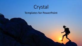  Presentation with high jump - Presentation with high jump - hiker with backpack crossing rocky background and a teal colored foreground