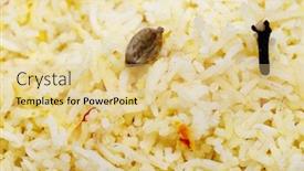  Presentation with clove - Colorful theme enhanced with high magnification macro photo of saffron rice showing a cardamom pod and a clove used while cooking the dish together with strands of saffron backdrop and a lemonade colored foreground