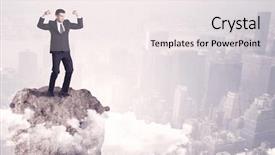  Presentation with businessman standing on mountain top - Colorful PPT theme enhanced with high performance building - young successful happy businessman standing backdrop and a  colored foreground