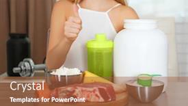  Presentation with protein food - Slides having high protein food powder shake and woman at table background and a red colored foreground