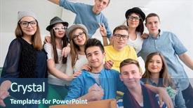  Presentation with five business people standing together and smiling - Amazing PPT theme having school fun - smiling classmates posing together backdrop and a ocean colored foreground