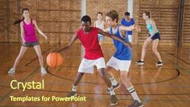  Presentation with kids playing - Presentation theme consisting of high school kids playing basketball background and a tawny brown colored foreground