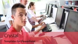  Presentation with desktop - Colorful slide deck enhanced with high-shool boy sitting backdrop and a red colored foreground