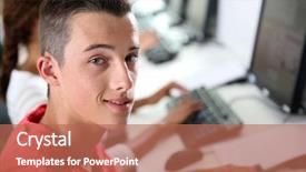  Presentation with desktop - Cool new PPT layouts with high-shool boy sitting backdrop and a coral colored foreground