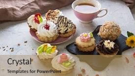  Presentation with concrete - Colorful presentation theme enhanced with high tea - different cakes composition on concrete backdrop and a coral colored foreground