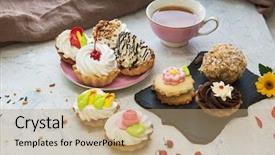  Presentation with concrete pouring during commercial concreting - PPT layouts consisting of high tea - different cakes composition on concrete background and a coral colored foreground