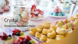  Presentation with table setting - Presentation design enhanced with high tea - table setting colorful macarons background and a coral colored foreground