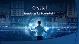  Presentation with modern tech - Beautiful presentation theme featuring high tech - back view of businesswoman working backdrop and a navy blue colored foreground