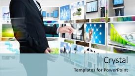  Presentation with high tech - PPT theme featuring high tech - businessmen and reaching images streaming background and a light blue colored foreground