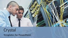  Presentation with tech support - Cool new slide deck with high tech - group of young business people backdrop and a teal colored foreground