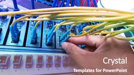  Presentation with digital communications - Audience pleasing slides consisting of high tech - man working in network server backdrop and a coral colored foreground