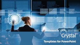  Presentation with high tech - Presentation having high tech - rear view of businesswoman touching background and a teal colored foreground