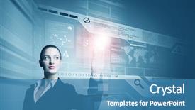  Presentation with high tech - Audience pleasing slides consisting of high tech - young attractive businesswoman touching icon backdrop and a teal colored foreground
