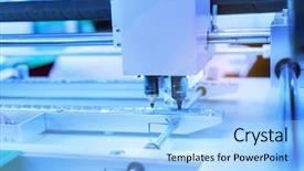  Presentation with robotic arm - Slide set having high tech brain - robotic arm at production line background and a light blue colored foreground
