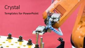  Presentation with production line - PPT layouts having high tech brain - robotic arm at production line background and a coral colored foreground