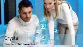  Presentation with high tech - Slides having high tech futuristic - picture of man and woman background and a light blue colored foreground