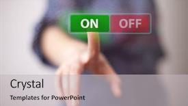  Presentation with woman covering man mouth hand - Colorful PPT theme enhanced with high tech futuristic - woman hand pressing on button backdrop and a light gray colored foreground