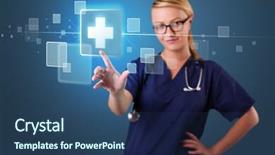  Presentation with nurse - Colorful presentation theme enhanced with high tech medicine - pretty young nurse pressing modern backdrop and a ocean colored foreground