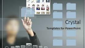  Presentation with touch screen - Audience pleasing presentation theme consisting of high tech new generation - hand pushing on a touch backdrop and a  colored foreground