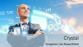  Presentation with confident - Colorful presentation design enhanced with high tech new generation - image of confident businessman smiling backdrop and a light blue colored foreground