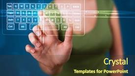 Presentation with virtual keyboard - Colorful presentation enhanced with high tech new generation - young girl pressing virtual type backdrop and a  colored foreground