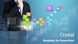  Presentation with touch screen - PPT layouts with high tech software - business man pushing background and a teal colored foreground