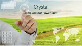  Presentation with touch screen - Cool new slide deck with high tech software - hand pushing on a touch backdrop and a lemonade colored foreground