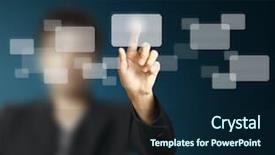  Presentation with touch screen - Presentation theme with high tech software - hand pushing on a touch background and a navy blue colored foreground