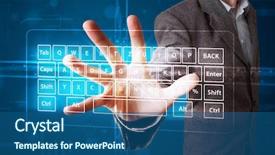  Presentation with virtual keyboard - PPT layouts enhanced with high tech software - young businessman pressing virtual type background and a ocean colored foreground