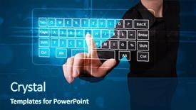  Presentation with virtual keyboard - PPT layouts featuring high tech software - young businessman pressing virtual type background and a ocean colored foreground