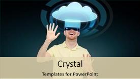  Presentation with black technology - PPT layouts having 3d technology virtual reality cyberspace entertainment and people concept - happy young man with virtual reality headset or 3d glasses playing game and looking at cloud icon over black background background and a lemonade colored foreground