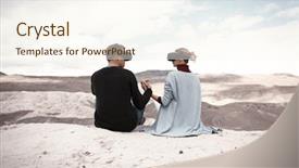  Presentation with virtual reality environments - Slide deck having high tech wearable technology - couple travels in virtual reality background and a  colored foreground