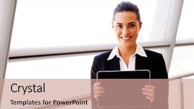  Presentation with hands holding black tablet - Presentation theme with high tech white - attractive young businesswoman holding background and a coral colored foreground