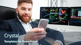  Presentation with phone - Cool new presentation theme with high value - happy bearded young businessman sitting backdrop and a ocean colored foreground