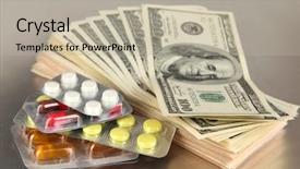  Presentation with pills money - Colorful slide set enhanced with high value - pills and money on grey backdrop and a  colored foreground