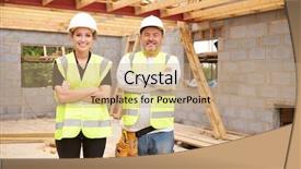  Presentation with apprentice - PPT theme consisting of high visibility vest - carpenter with female apprentice working background and a coral colored foreground