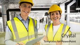  Presentation with pipes - Slide set consisting of high visibility vest - engineers checking the temperature pipes background and a yellow colored foreground