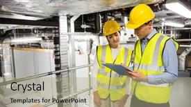  Presentation with pipes - Beautiful presentation design featuring high visibility vest - engineers checking the temperature pipes backdrop and a  colored foreground