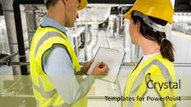  Presentation with pipes - Audience pleasing presentation theme consisting of high visibility vest - engineers checking the temperature pipes backdrop and a yellow colored foreground