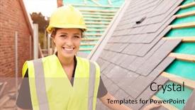  Presentation with construction site construction - Slide deck consisting of high visibility vest - female construction worker on site background and a coral colored foreground