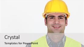  Presentation with construction - Colorful slide deck enhanced with high visibility vest - portrait of a construction worker backdrop and a light gray colored foreground