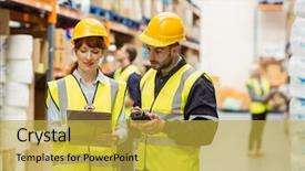 Presentation with unlock potential motivational concept manager - Presentation theme consisting of high visibility vest - warehouse manager talking with worker background and a yellow colored foreground