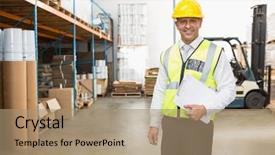  Presentation with data warehouse cubes - Cool new PPT theme with high visibility vest - warehouse manager wearing hard hat backdrop and a coral colored foreground