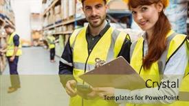  Presentation with team working together - PPT theme having high visibility vest - warehouse team working together background and a gold colored foreground