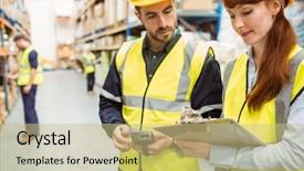  Presentation with team working together - PPT theme consisting of high visibility vest - warehouse team working together background and a mint green colored foreground