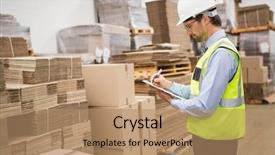  Presentation with prospect list - Slides featuring high visibility vest - warehouse worker checking his list background and a coral colored foreground