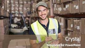  Presentation with smiling kids at summer camp - Presentation having high visibility vest - warehouse worker smiling at camera background and a violet colored foreground