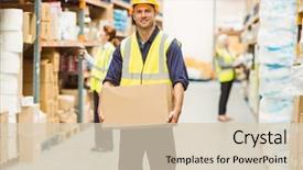  Presentation with warehouse - PPT theme with high visibility vest - warehouse worker smiling at camera background and a lemonade colored foreground